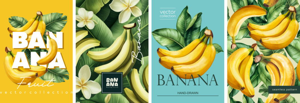 Hand drawn set of designs and patterns. Vectorized gouache illustrations. Illustrations of yellow bananas with flowers and leaves for poster, prints, menu, card or textile
