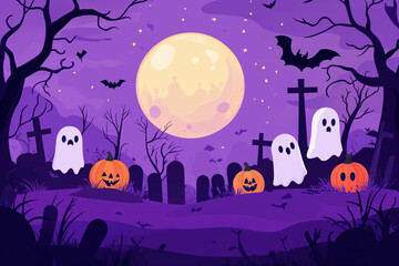 Halloween night scene with ghosts and pumpkins