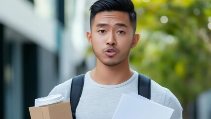 A man is smiling and holding a box and a paper. He is wearing a gray shirt and a backpack - Powered by Adobe
