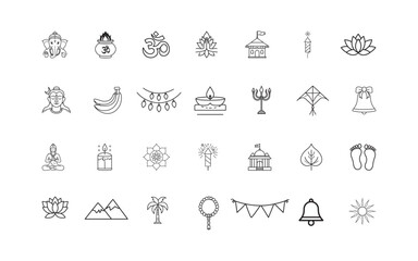 A collection of line art representing Hindu religious and cultural elements, including deities, symbols, and traditions. Perfect for spiritual themes, cultural studies, or festival purposes.

