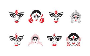 A vector collection of various artistic depictions of the Indian goddess Durga faces, featuring traditional motifs. symbolizes divine power, spirituality, and cultural heritage in a stylized form.
