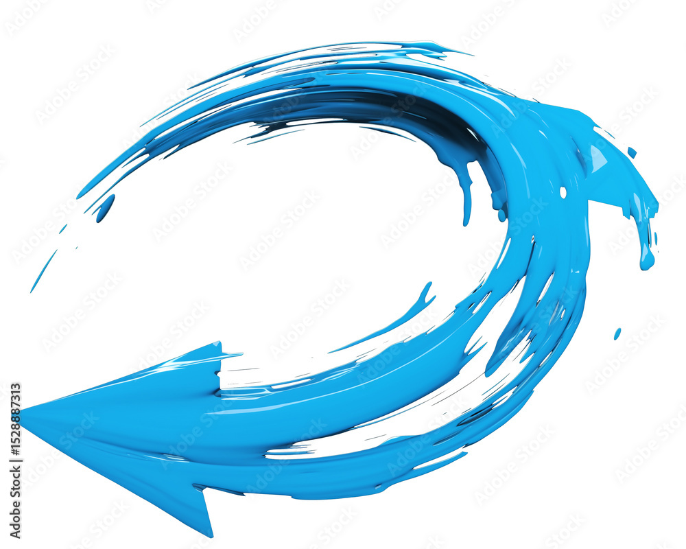 Poster Blue curved arrow with gradient brush effect, dynamic paint stroke, isolated on transparent background