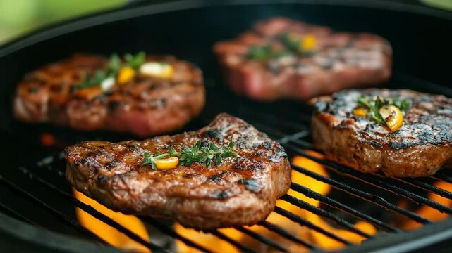 Four pieces of meat are on a grill, with one piece of meat having a piece of garlic on top