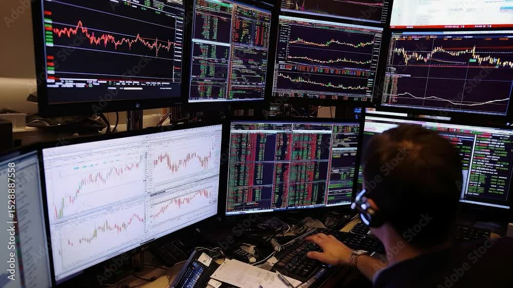 Poster Multiple computer screens displaying financial data