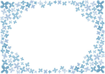 Frame with floral patterns in each corner and around background edges. Simple four petal flowers. Lilac. Different shades of blue. Drawing with colored pencils. White copy space. Invitation, card.