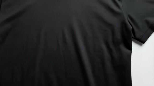 Plain black T-shirt on a neutral surface showcasing the garment's texture and basic round neck design in a studio setting