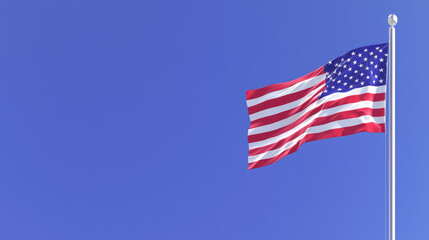 Obraz premium Waving American Flag on Pole Against Solid Purple Background USA National Symbol of Patriotism and Pride with Stars and Stripes Waving in Wind