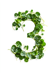 A creative arrangement of green leaves forming the number three, symbolizing nature's beauty and freshness.