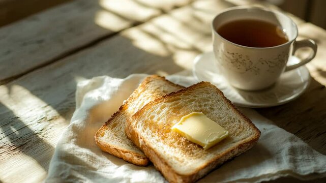 Two slices of toasted bread with butter on a white cloth next to a cup of tea. Soft sunlight casts shadows on a wooden table.