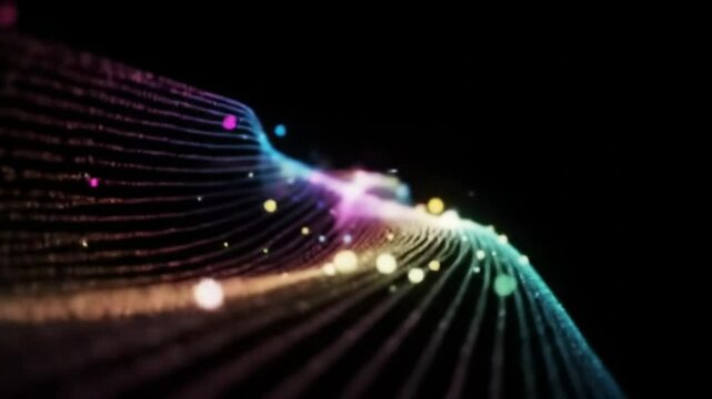 Ultra-high-definition abstract animation of a multicolored string of light gracefully flowing across a black background. Bright particles and glowing orbs follow the path of the light string