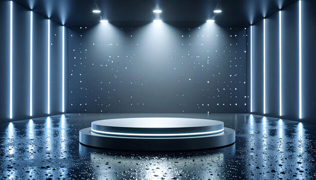 Exhibition stage concept with a black circular pedestal for displaying products with water drop on a dark background. Concept of a copy space for product promotional exhibitions.