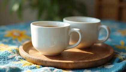 Two Hot Drinks on a Tray at Bed Home & Morning Concept