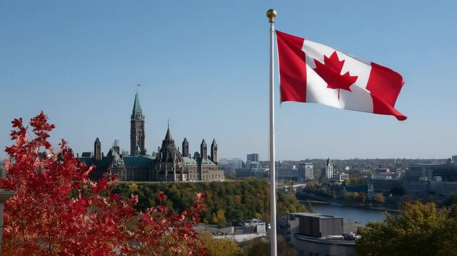 Canadian Flag Waves Proudly at Parliament Hill in Ottawa, Framed by Vibrant Autumn Foliage and Clear Blue Sky, Showcasing Cityscape and Historical Architecture of National Pride.