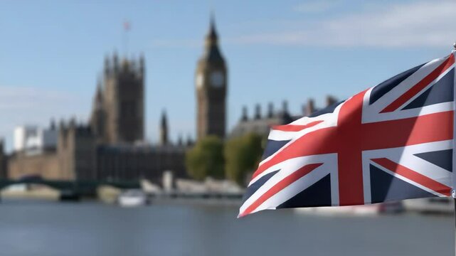 Union Jack flag waving in front of iconic Big Ben and Houses of Parliament, showcasing Londons historical architecture, rich culture, and serene river skyline.