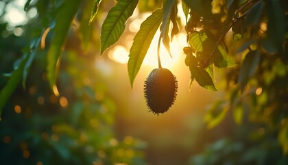 Ripening fruit hangs from a tree branch in a lush garden at sunset, showcasing nature's beauty in golden light and calm surroundings Generative AI