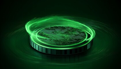 emerald green stylized digital wireless charger with circuitry glow ripple energy field futuristic product illustration