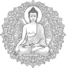 Detailed Line Art of Buddha in Meditation Pose Surrounded by Intricate Mandala