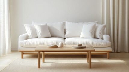 89.A serene and modern living room with a minimalist approach, featuring a white sofa, light wood coffee table, and soft curtains. The space is illuminated by soft natural light that highlights the