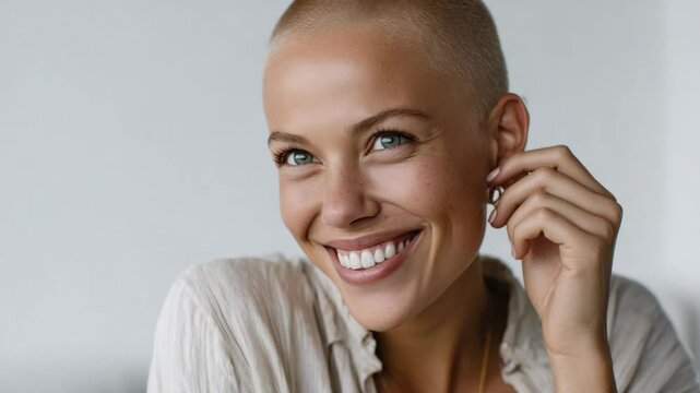 Radiant Confidence: A portrait of a woman, her closely cropped hair framing a bright smile that reflects inner beauty and self-assurance. Embodying resilience and embracing natural beauty.