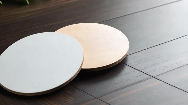 Two blank round coasters, one white and one beige, resting on dark brown wood floor tiles in natural light.