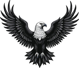 Powerful monochrome bald eagle with outstretched wings, vector illustration on a white background.