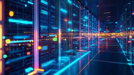 Futuristic digital circuit board with glowing blue and green neon lights, 3d illustration of integrated network technology and data processing background



