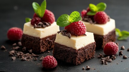 Luxurious chocolate squares topped with fresh raspberries and mint leaves, elegantly presented, capturing the essence of indulgence and gourmet dessert artistry.