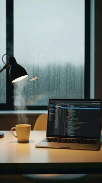 Creating code in a cozy workspace as rain taps gently on the window
