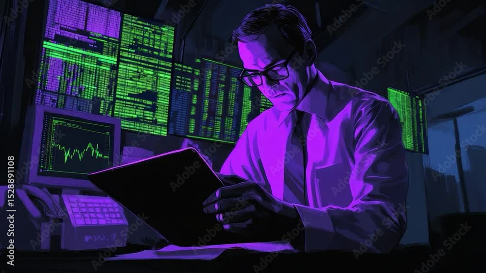 Poster businessperson working at a computer terminal in a dark room.