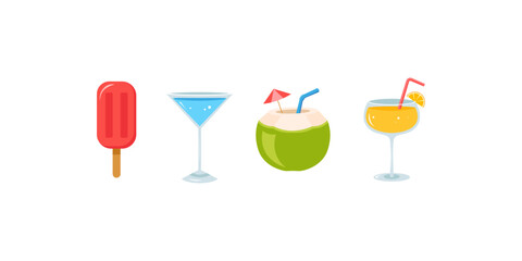 Summer Drink Vector Set – Refreshing Tropical Beverages, Juice, Smoothies, Lemonade, Coconut, Ice, Citrus. Illustration Collection