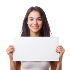 Naklejka premium Happy young woman joyfully holding a blank signboard in a bright indoor space, Happy smiling young woman showing blank signboard, isolated on white background