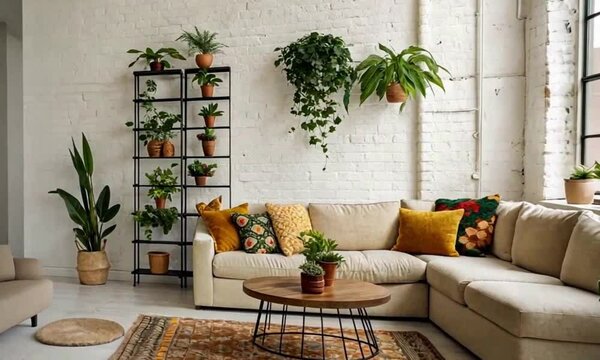 Bright, modern indoor living room tour video with a fresh, plant-filled aesthetic. The space features a large L-shaped beige sofa with colorful throw pillows in mustard yellow