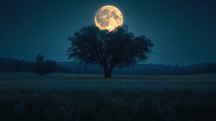 Naklejka premium Mystical moonlit night in a field illuminating a solitary tree celestial glow serenity enchanting vista
