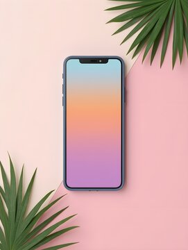 Colorful Mobile Phone on Pastel Background with Green Leaf Accent