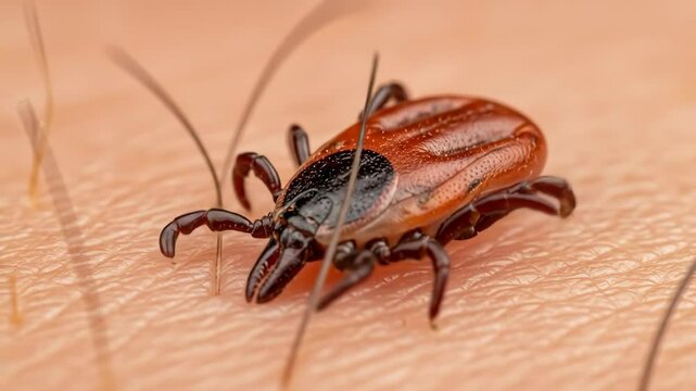 A tick crawls on human skin. Close-up of an ixodid tick on a human body. The danger of tick-borne diseases. Vaccination concept, insecticide advertising.