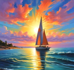Fototapeta premium Illustration of sailboat yaht in calm ocean with island and sunrise.