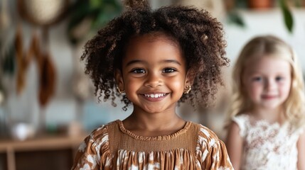A young girl with beautiful curly hair smiles brightly at the camera, capturing innocence and joy, while another child playfully stands in the background of the warm setting.