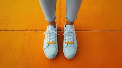 Bright orange backdrop showcasing white sneakers with orange accents and light grey jeans overhead fashion street style