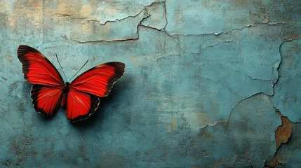 Fotobehang  Captivating red butterfly on an aged teal stucco wall creating contrast vintage and natural elegance  © Saranya001