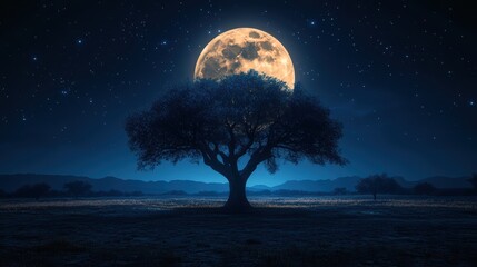 Solitary tree casting a silhouette on a field illuminated by bright moon under a starry night sky