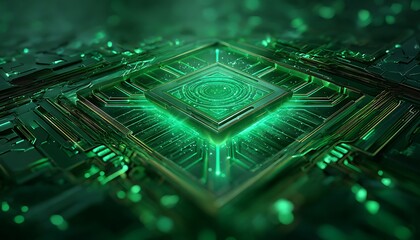 emerald green stylized digital wireless charger with circuitry glow ripple energy field futuristic product illustration