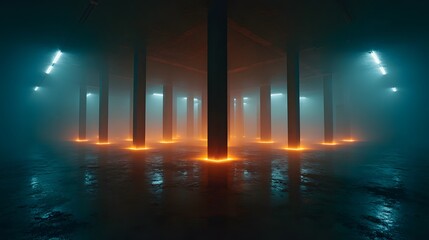 Glowing light columns in an abstract architectural space, evoking a futuristic vision of harmony and innovation