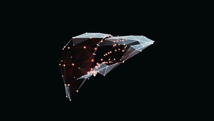 3d render of a vibrant, low-poly liver over dark background. Liver wireframe made of light points. 3d illustration