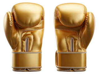 Golden Boxing Gloves: Gleaming golden boxing gloves rest side by side, their pristine form hinting at the power and precision they hold, perfectly illuminated to highlight every curve and contour.