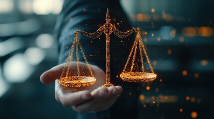 Businesswoman hand holding glowing golden scales of justice balance symbol representing fairness law and equality