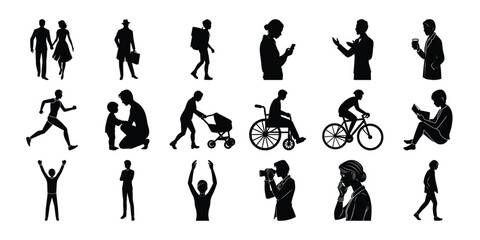 Vector silhouettes of people and women in various poses, including business, sport, dance, and family, for diverse design illustrations