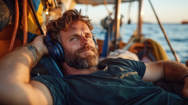 A relaxed man with a beard listens to music while lounging on a sailboat, embodying freedom and tranquility amidst the soothing waves and golden sunset reflection. - Powered by Adobe