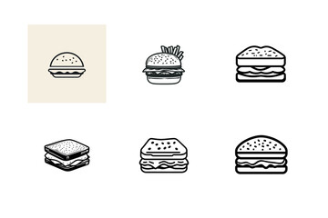 Six simple line art burger and sandwich icons