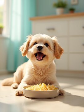 Cute dog enjoying a meal in a bright space.