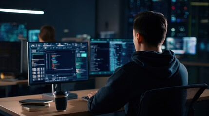 The programmer working intently at multiple computer screens in a modern office.